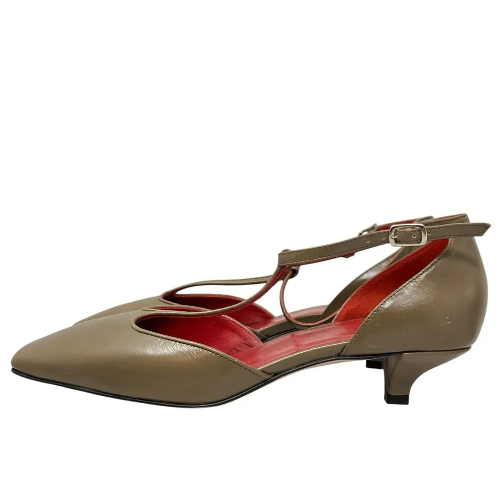 J Crew T-Strap Italian Leather Kitten Heels Womens 7.5 Aged Taupe‎ CR930